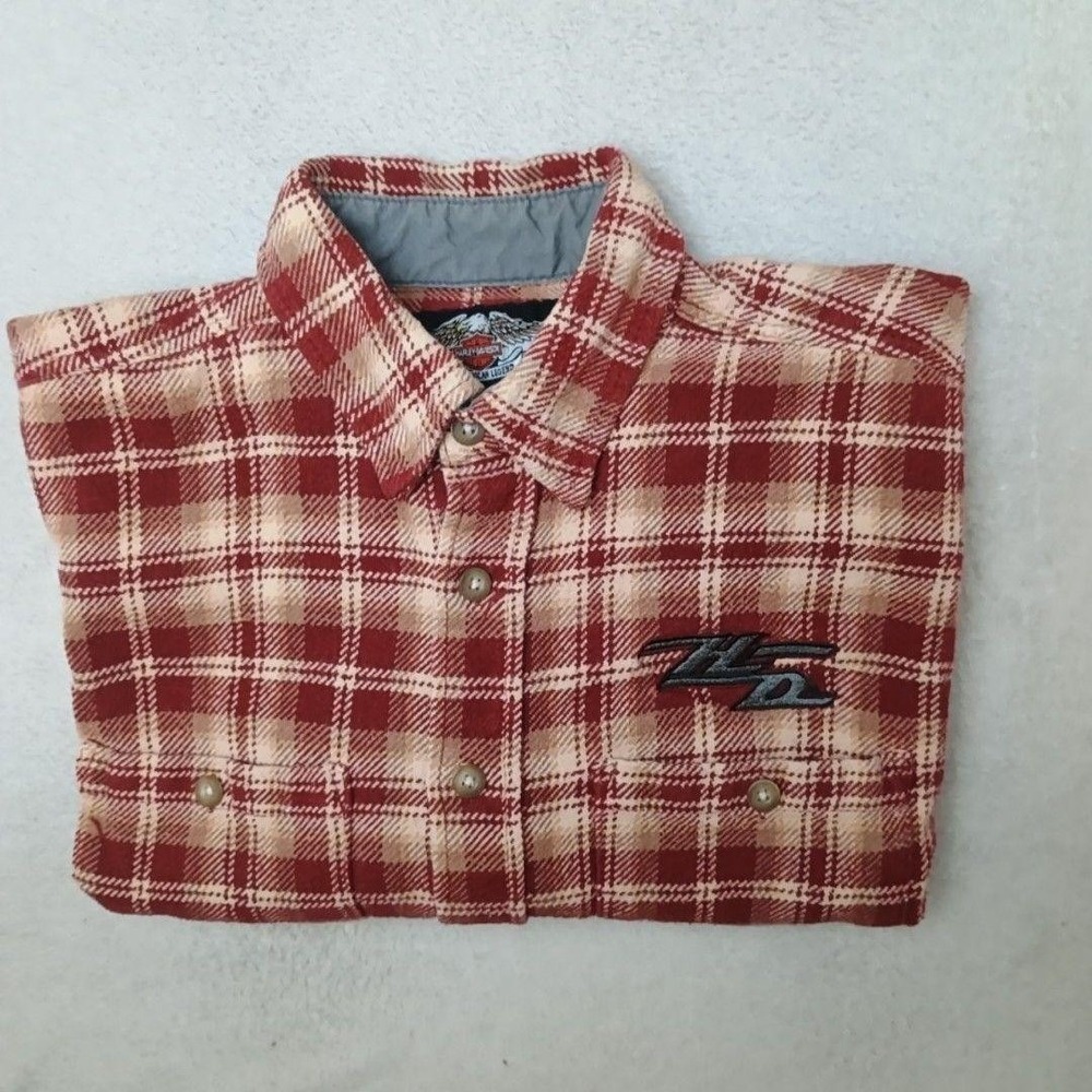 Harley-Davidson Shirt Mens S Red Plaid Flannel Button-Up Long Sleeve Motorcycle